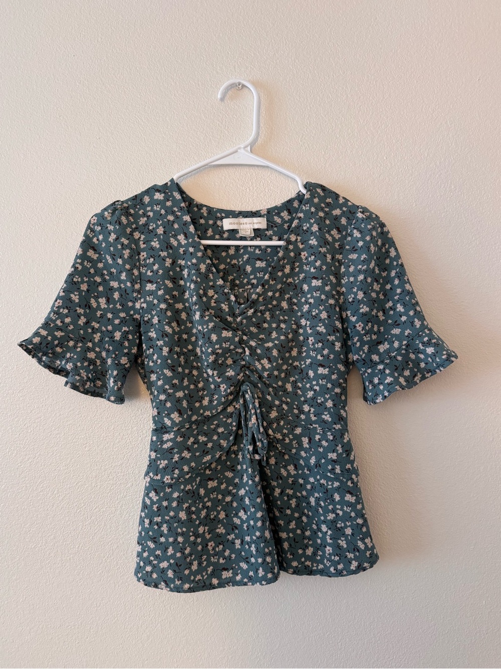 Monteau Teal Floral Tie-Front Blouse